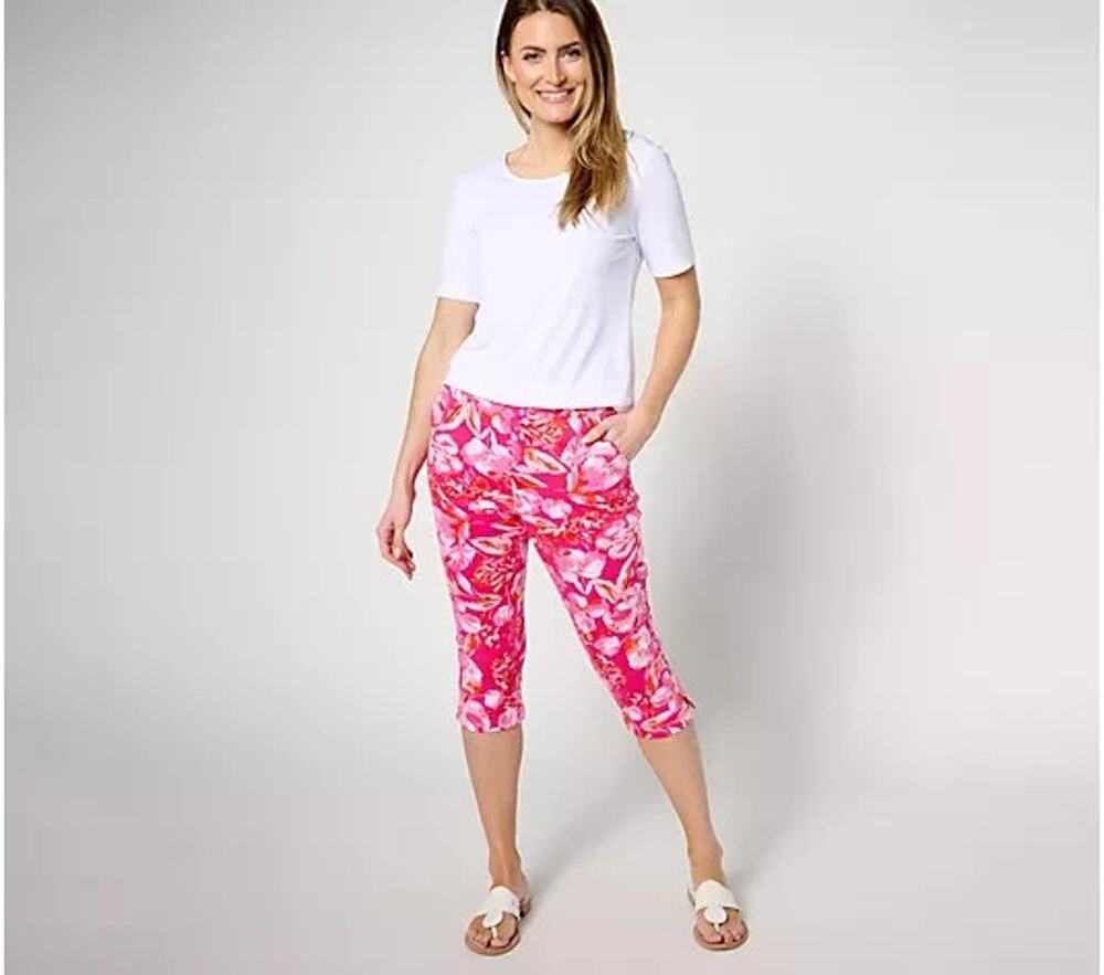 Belle Kim Gravel Capri Pants Women Large Tall Pink Floral Pull On Preppy Pockets